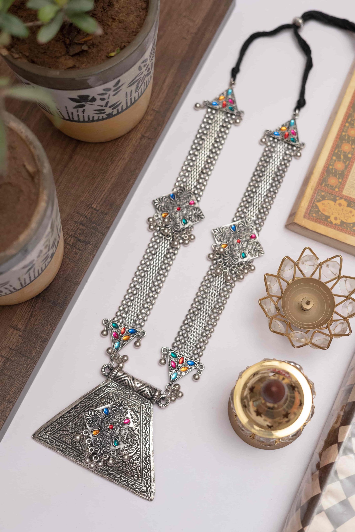 Oxidised Meena Long Chain Necklace with Triangle Pendant