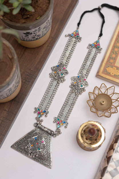 Oxidised Meena Long Chain Necklace with Triangle Pendant