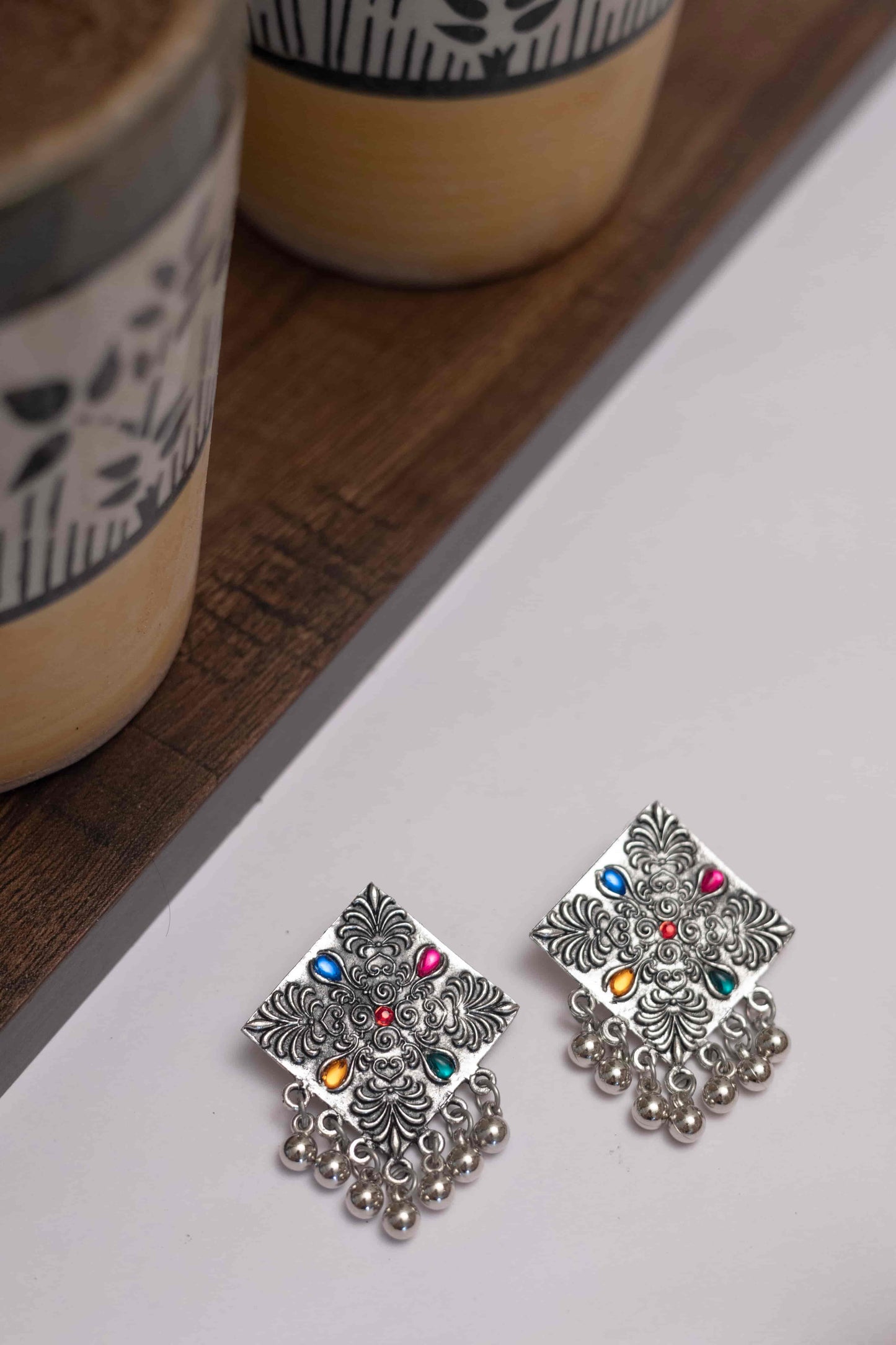 Oxidised Meena Long Chain Necklace with Triangle Pendant