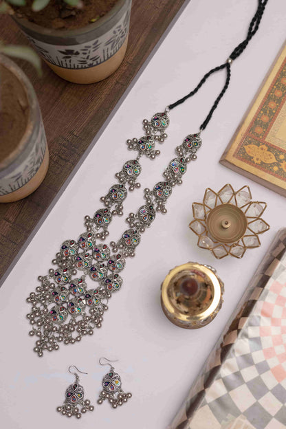 Oxidised Meena Long Necklace Set with Matching Earrings