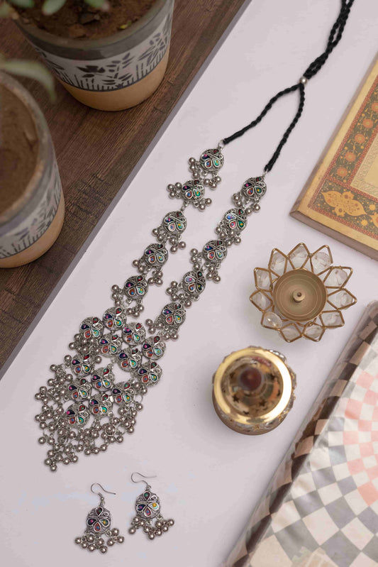 Oxidised Meena Long Necklace Set with Matching Earrings