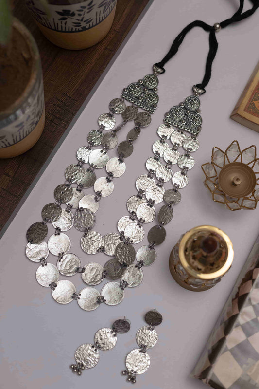 Oxidised Triple Layer Coin Necklace Set