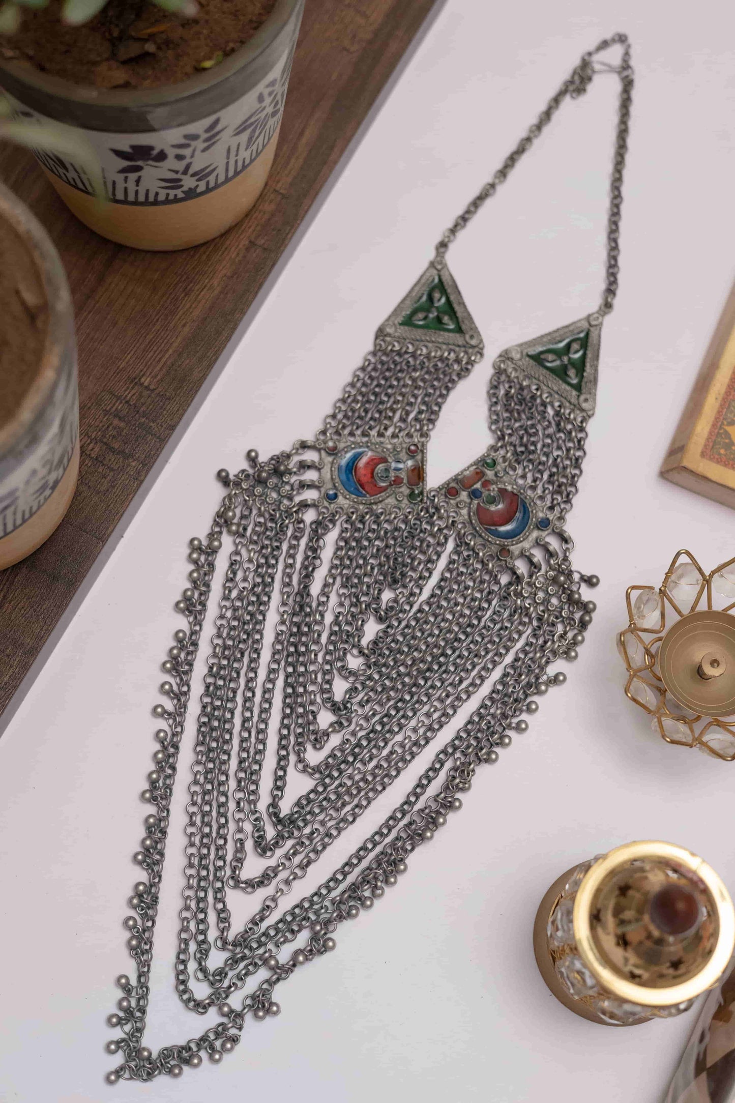 Oxidised Meena Long Layered Chain Necklace