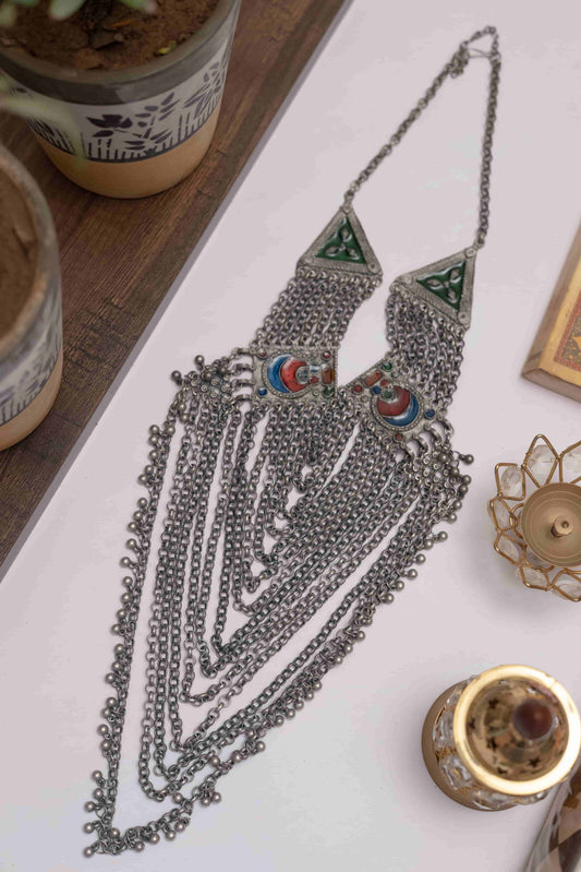 Oxidised Meena Long Layered Chain Necklace