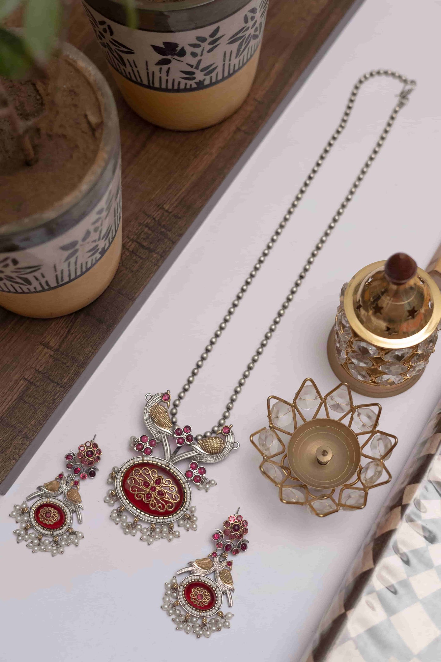 German Silver Peacock Pendant Set with Stone & Pearl Drops