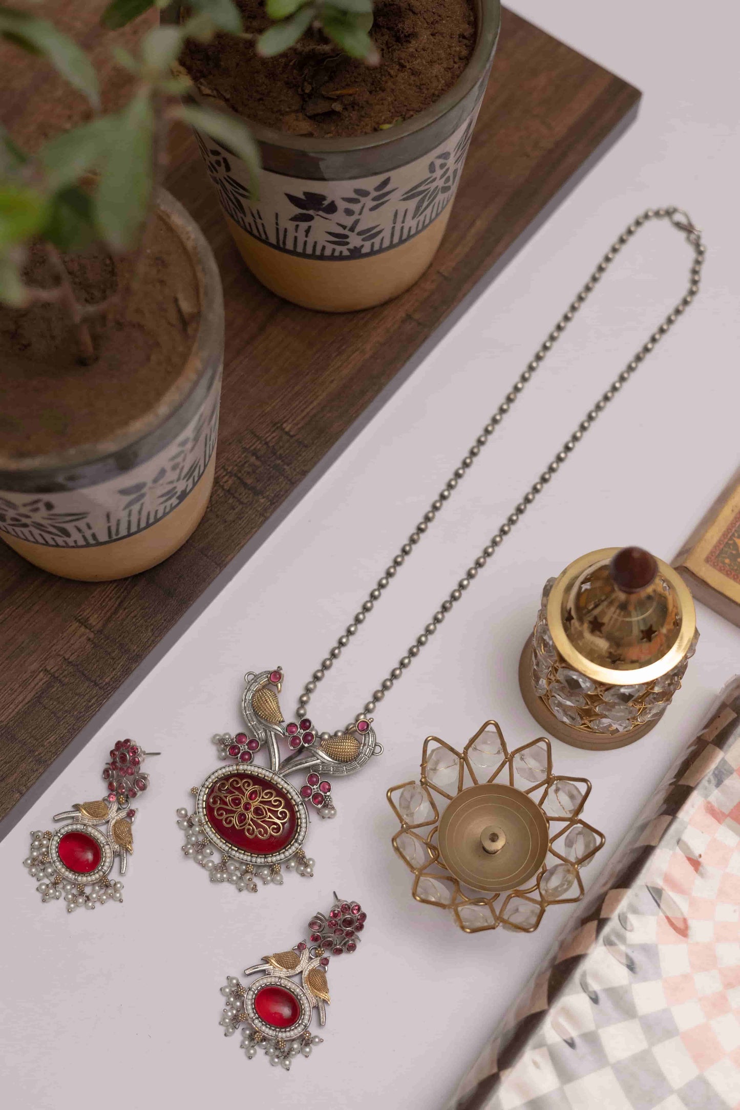 German Silver Peacock Pendant Set with Stone & Pearl Drops