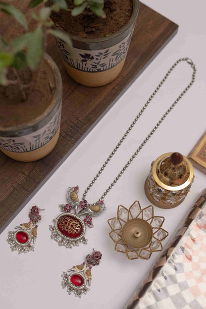 German Silver Peacock Pendant Set with Stone & Pearl Drops