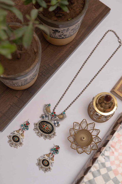 German Silver Peacock Pendant Set with Stone & Pearl Drops