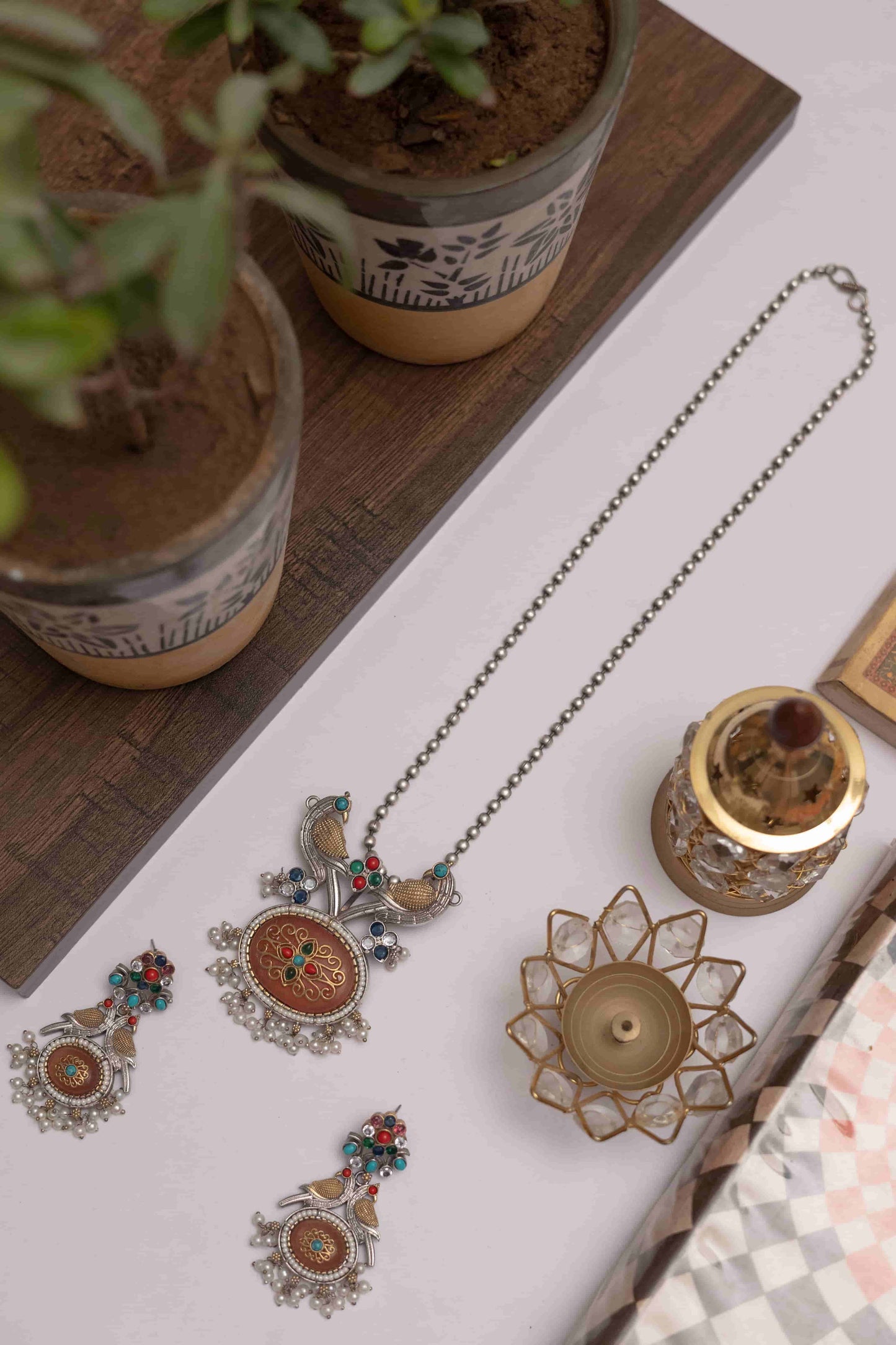 German Silver Peacock Pendant Set with Stone & Pearl Drops