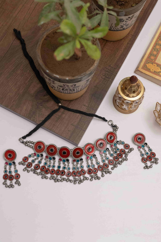Oxidised Meena Choker with Dangling  Beads