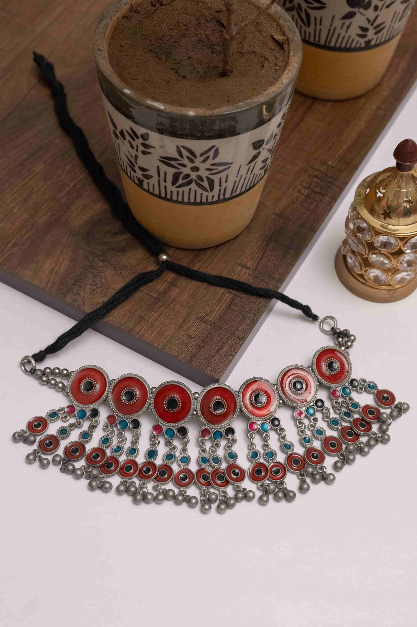 Oxidised Meena Choker with Dangling  Beads