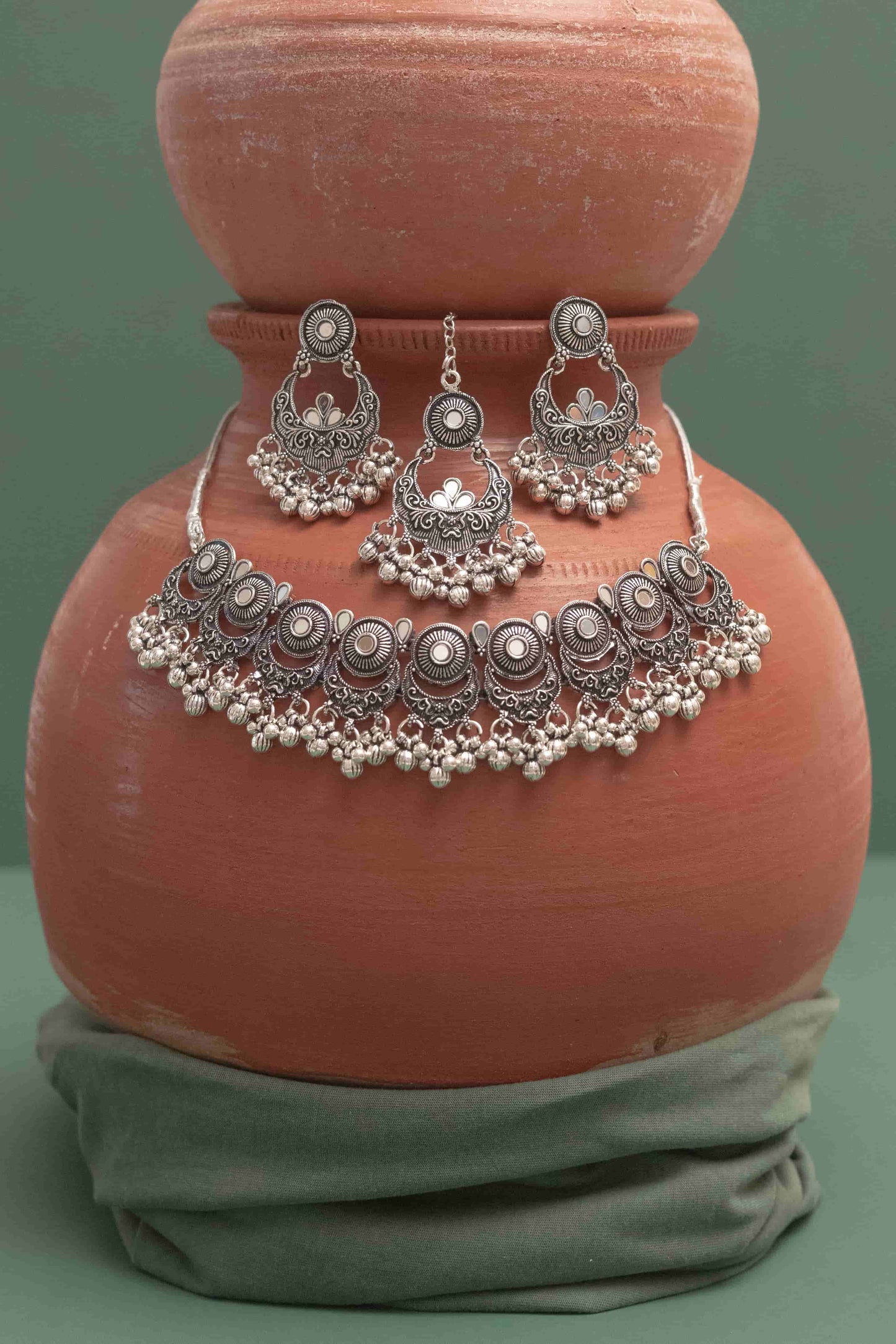 Oxidised Combo Mirror Crescent Pendant Choker with Dangling Beads