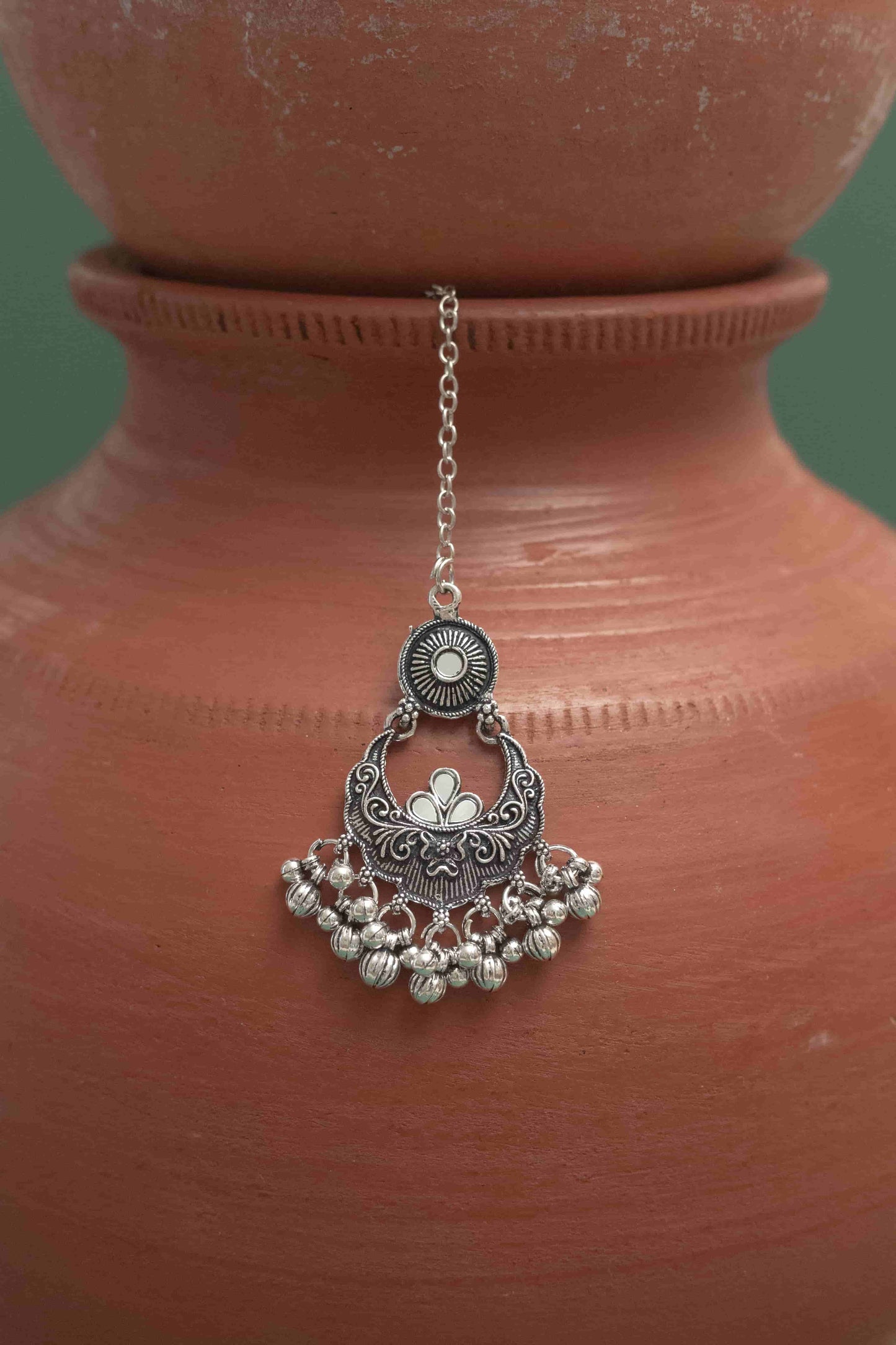 Oxidised Combo Mirror Crescent Pendant Choker with Dangling Beads