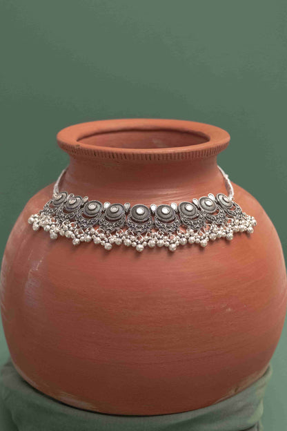 Oxidised Combo Mirror Crescent Pendant Choker with Dangling Beads