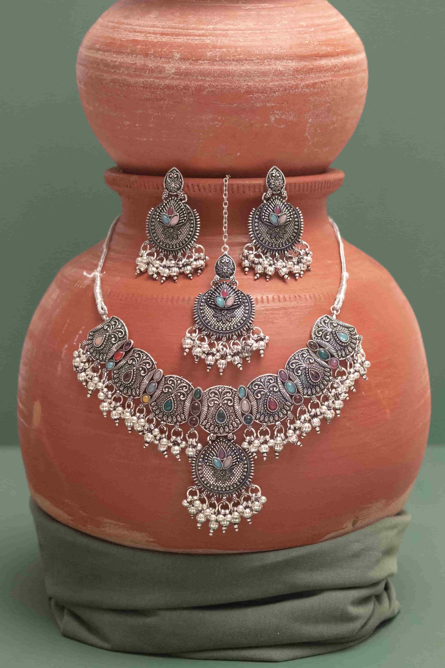 Oxidised Combo Multi Choker Necklace with Teardrop Cabochons