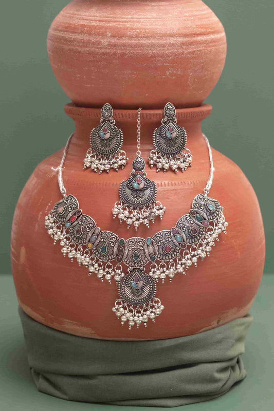 Oxidised Combo Multi Choker Necklace with Teardrop Cabochons