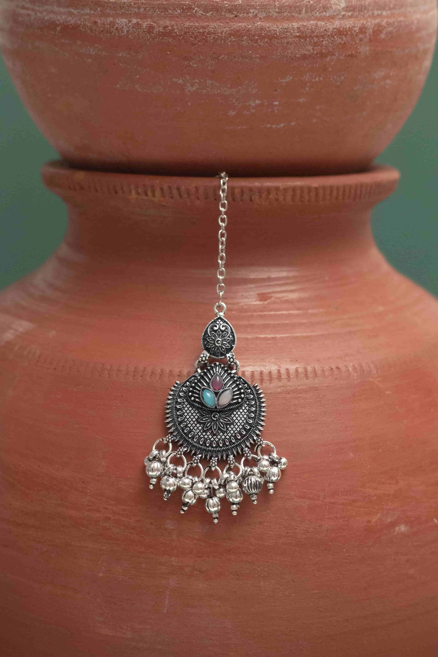 Oxidised Combo Multi Choker Necklace with Teardrop Cabochons