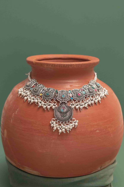 Oxidised Combo Multi Choker Necklace with Teardrop Cabochons