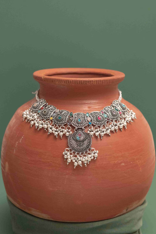 Oxidised Combo Multi Choker Necklace with Teardrop Cabochons
