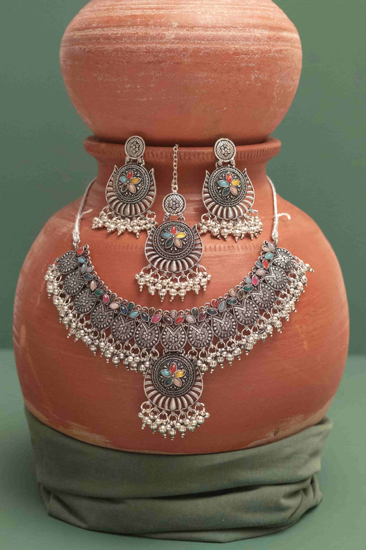 Oxidised Combo Choker Necklace with Teardrop Cabochon Flowers
