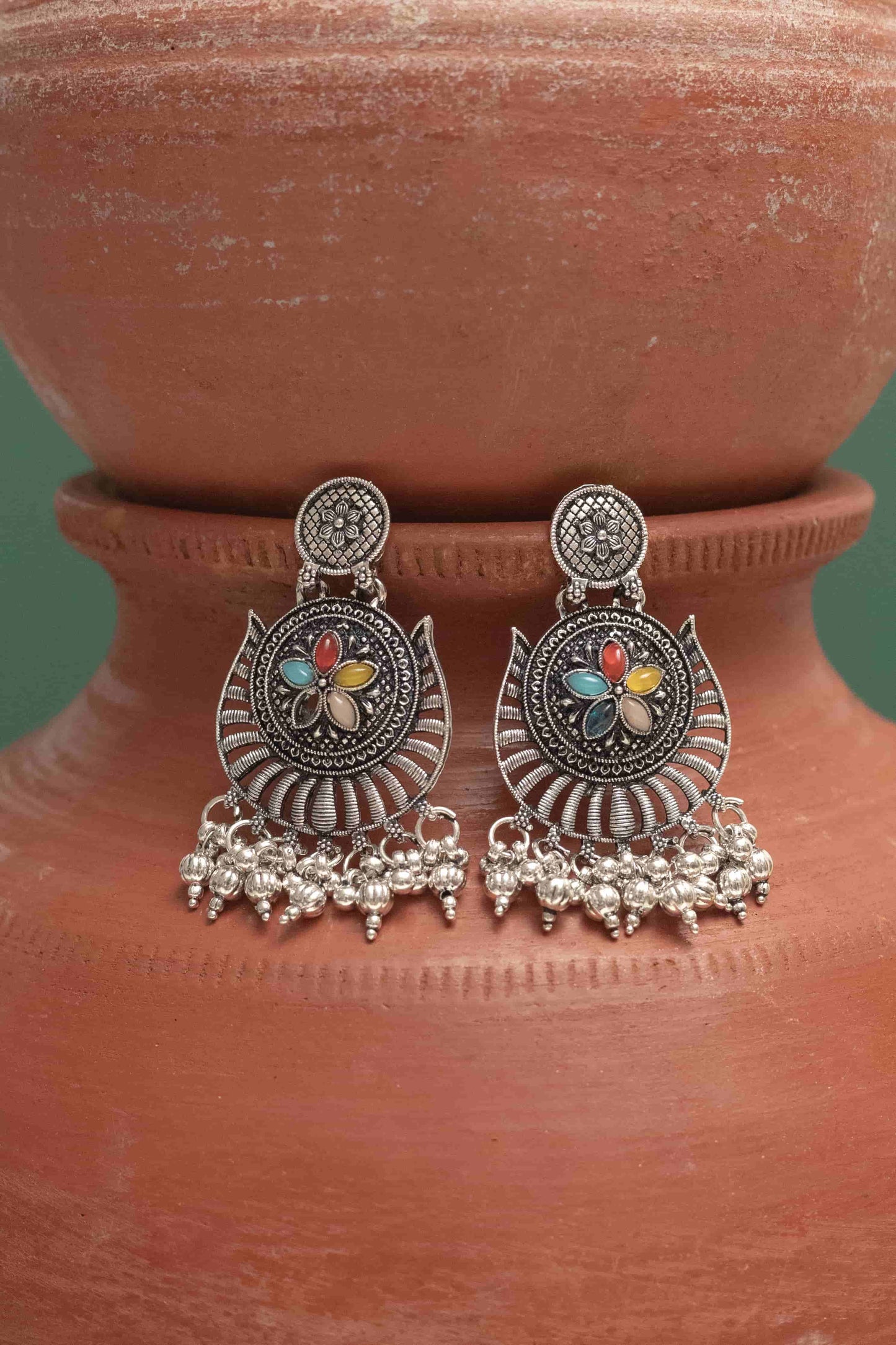 Oxidised Combo Choker Necklace with Teardrop Cabochon Flowers