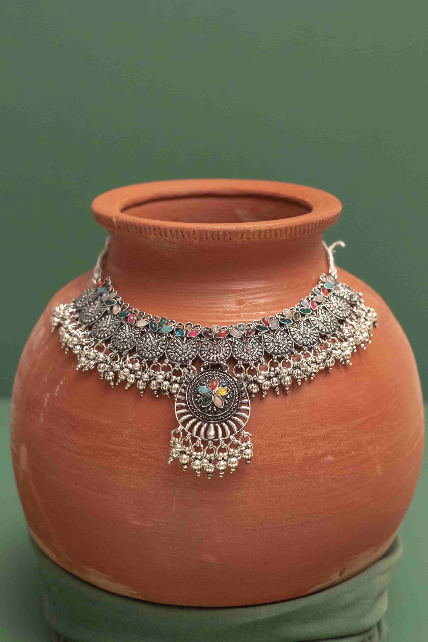 Oxidised Combo Choker Necklace with Teardrop Cabochon Flowers