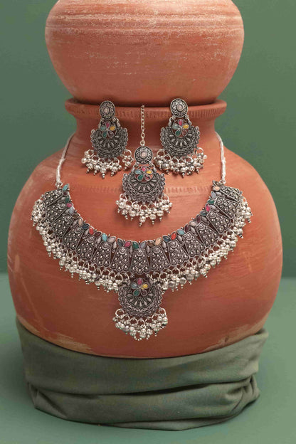 Oxidised Combo Multiicolor Cabochon Chocker Necklace with Bells