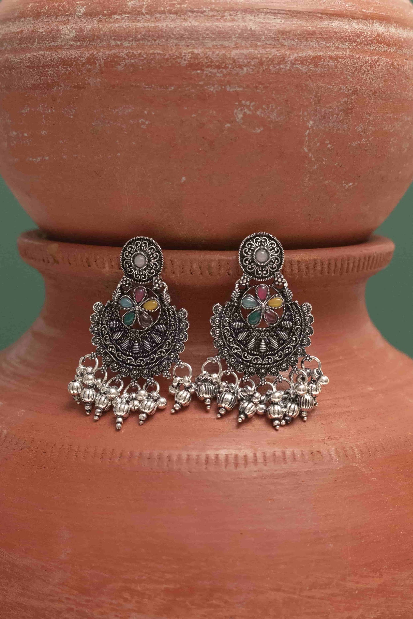 Oxidised Combo Multiicolor Cabochon Chocker Necklace with Bells