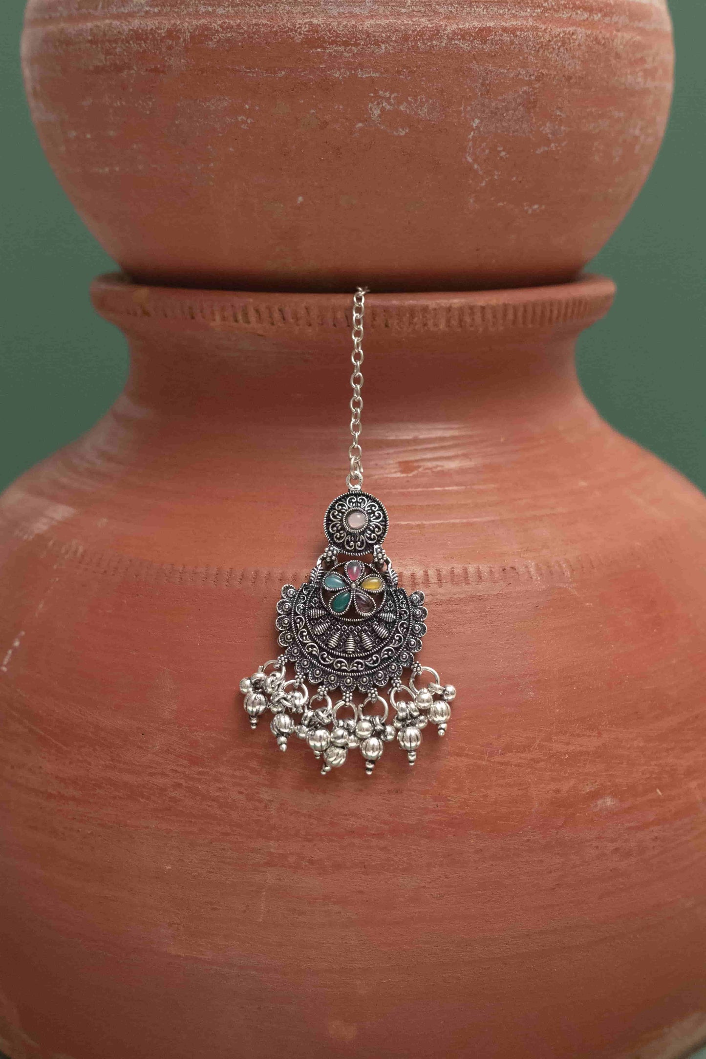 Oxidised Combo Multiicolor Cabochon Chocker Necklace with Bells