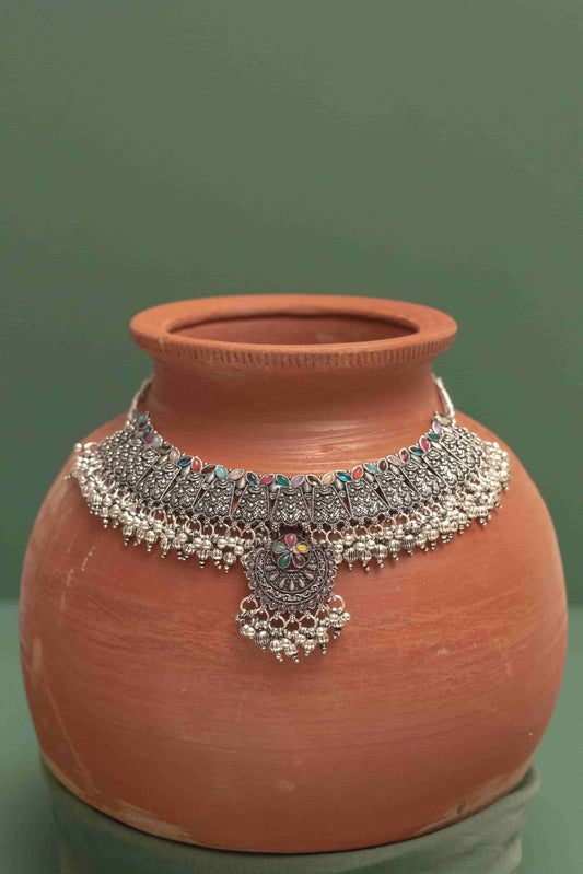 Oxidised Combo Multiicolor Cabochon Chocker Necklace with Bells