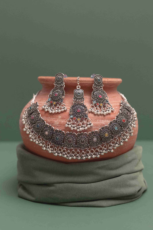 Oxidised Combo Choker Necklace with Round Multicolor Cabochons