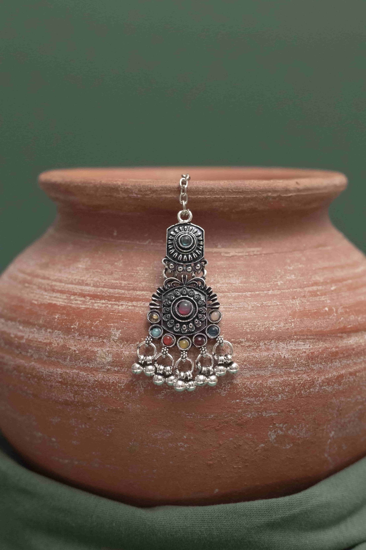 Oxidised Combo Choker Necklace with Round Multicolor Cabochons