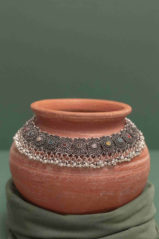 Oxidised Combo Choker Necklace with Round Multicolor Cabochons