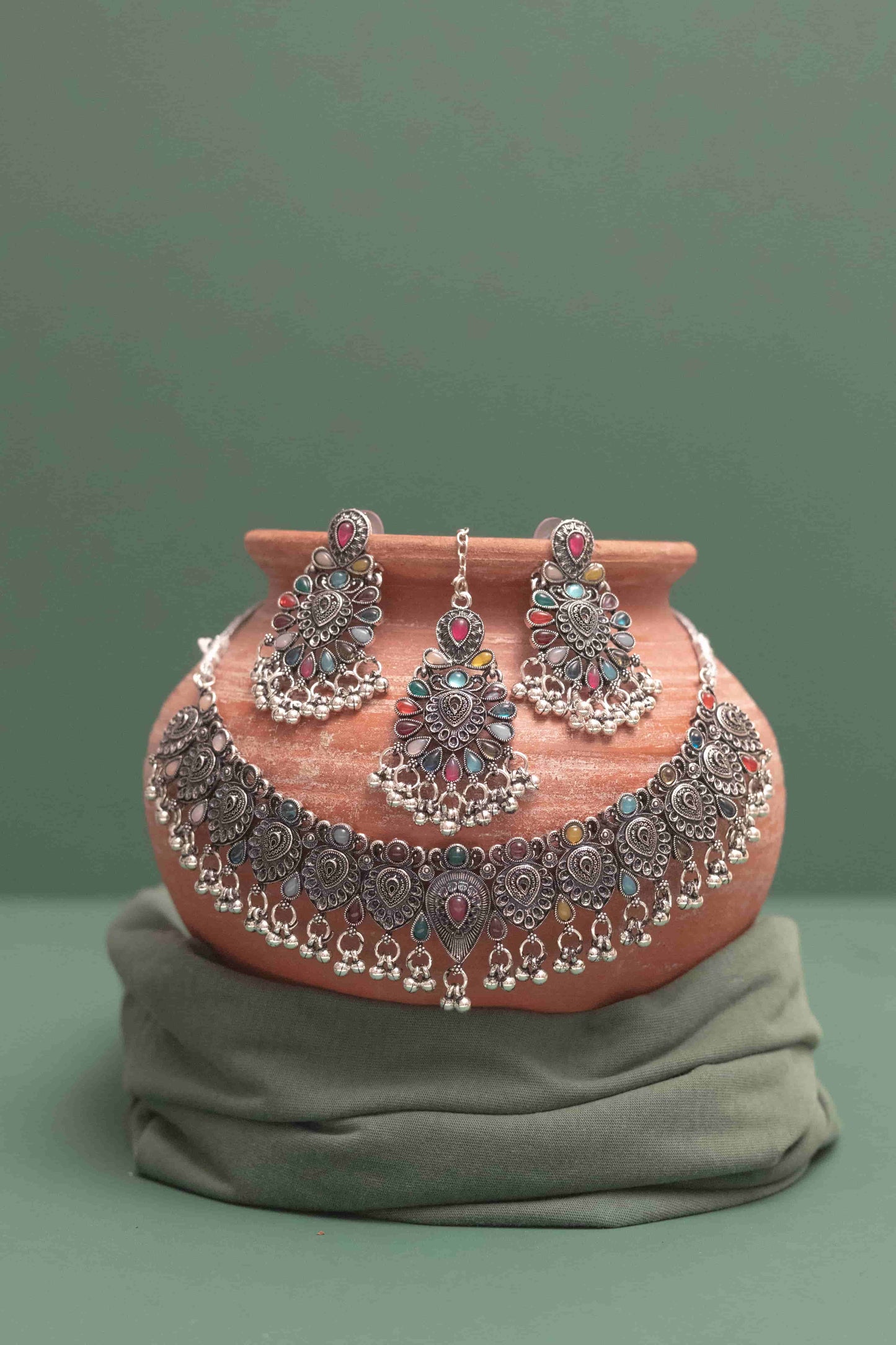 Oxidised Combo Multi Teardrop Choker Necklace with Cabochon Drops