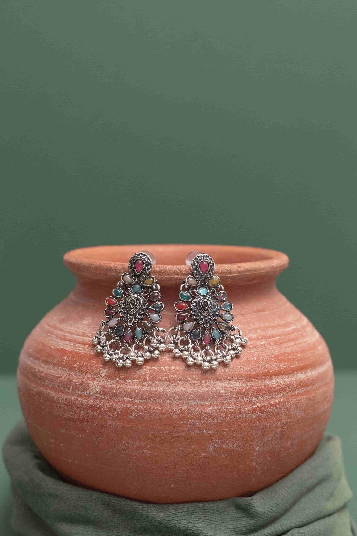 Oxidised Combo Multi Teardrop Choker Necklace with Cabochon Drops