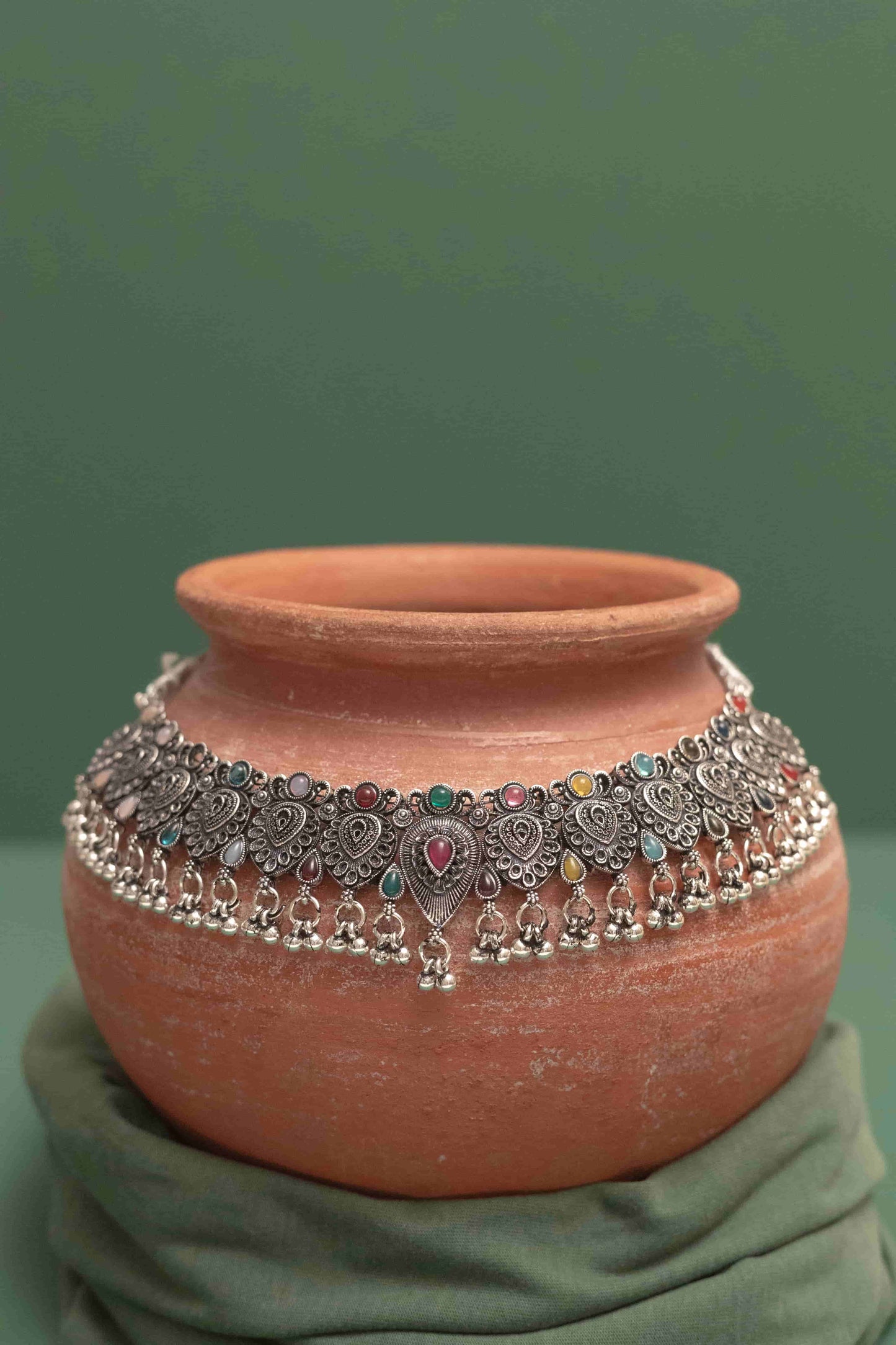 Oxidised Combo Multi Teardrop Choker Necklace with Cabochon Drops