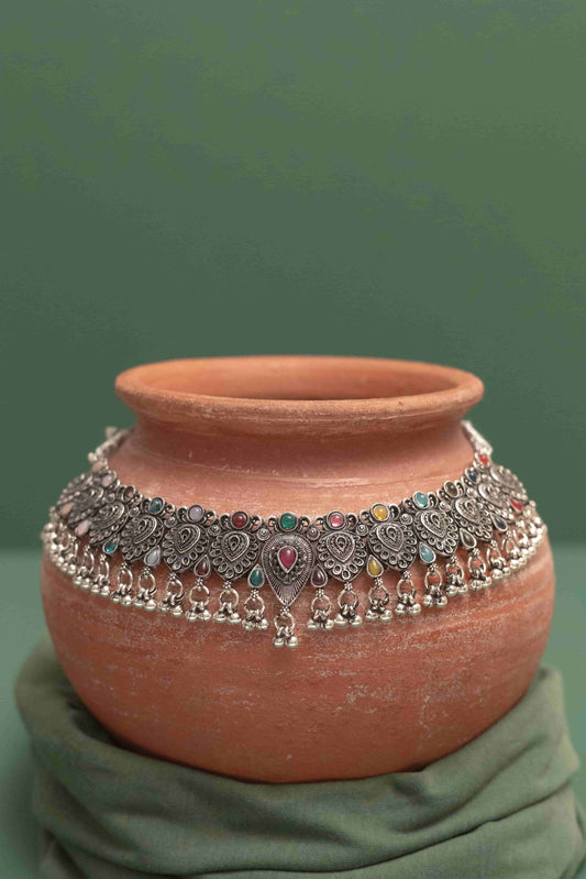 Oxidised Combo Multi Teardrop Choker Necklace with Cabochon Drops