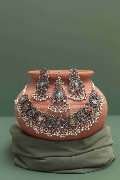 Oxidised Combo Multi Teardrop Choker Necklace with Dangling Beads