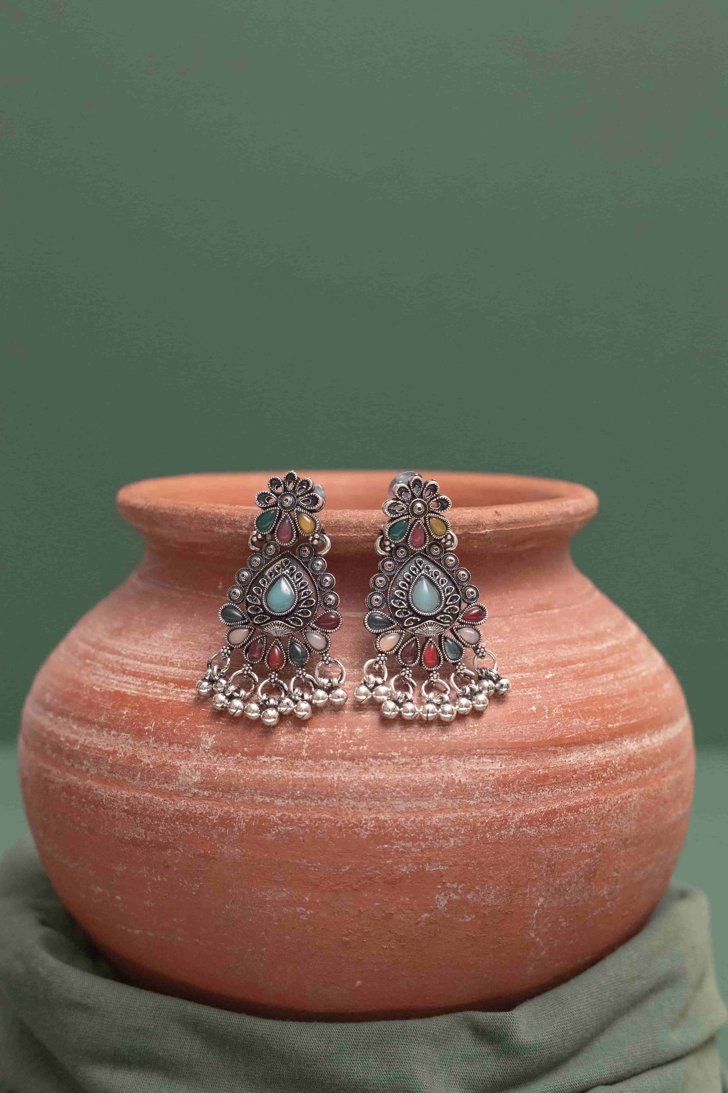 Oxidised Combo Multi Teardrop Choker Necklace with Dangling Beads