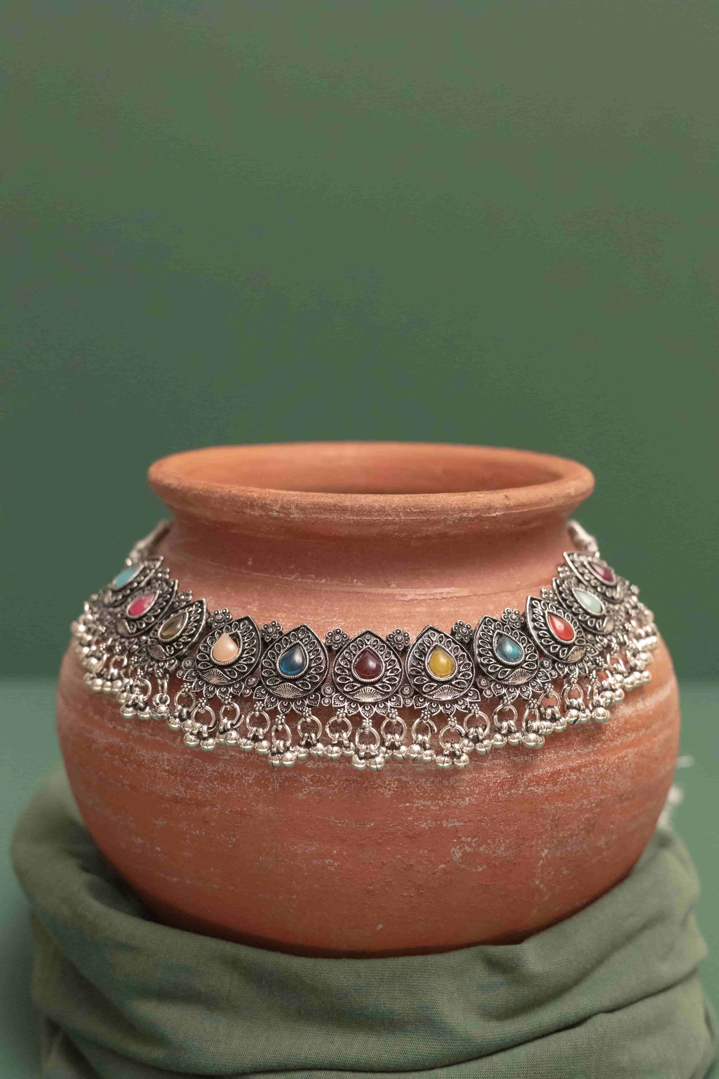 Oxidised Combo Multi Teardrop Choker Necklace with Dangling Beads