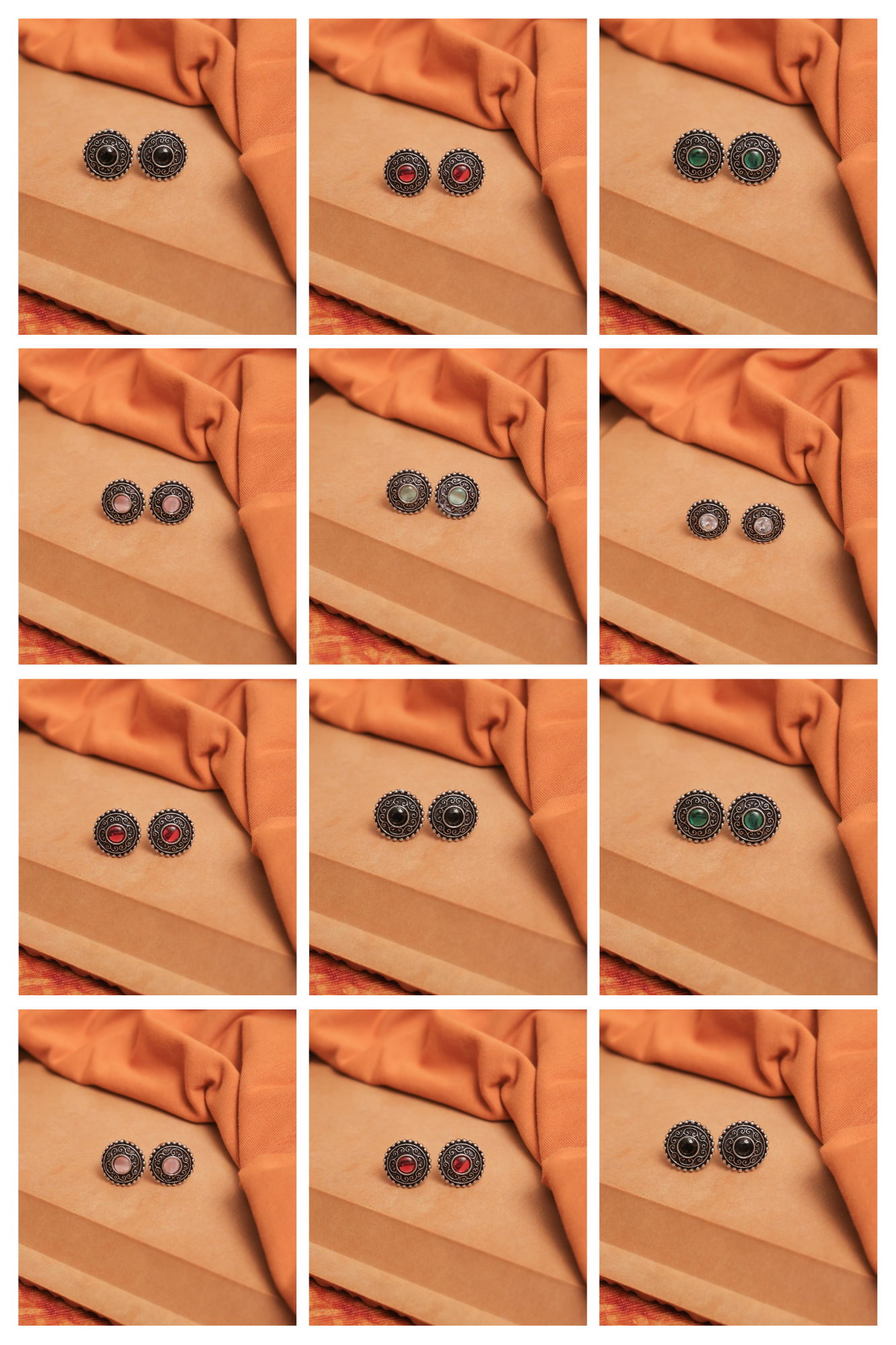 Oxidised Earrings with Filigree Spirals & Multicolor Cabochons (Pack Of 12)