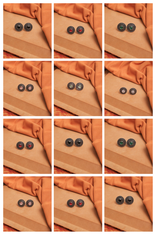 Oxidised Earrings with Filigree Spirals & Multicolor Cabochons (Pack Of 12)