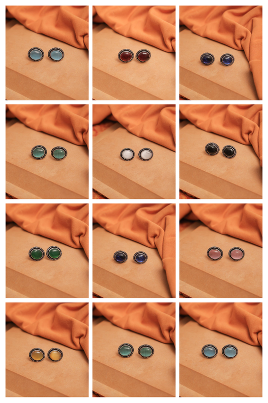 Oxidise Silver Oval Multicolor Gem Stud Earrings (Pack Of 12)