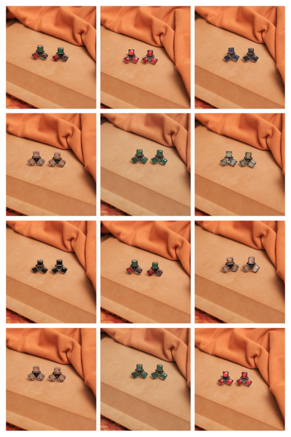 Multicolor Oxidised Tri-Gem Stud Earrings (Pack Of 12)