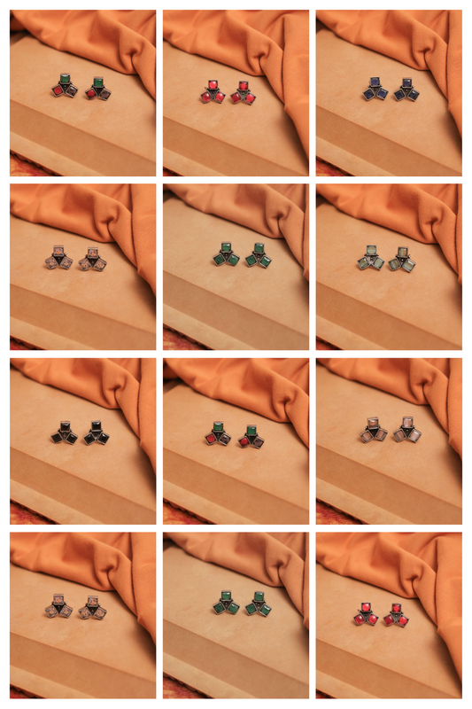 Multicolor Oxidised Tri-Gem Stud Earrings (Pack Of 12)