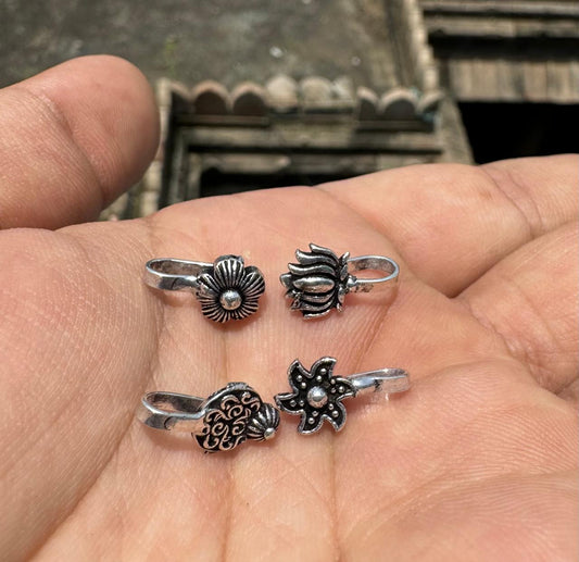 Oxidised Nath (Nose Pin) Daisy, Lotus, Paisley, Star (Pack Of 4)