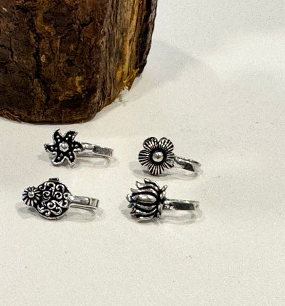 Oxidised Nath (Nose Pin) Daisy, Lotus, Paisley, Star (Pack Of 4)