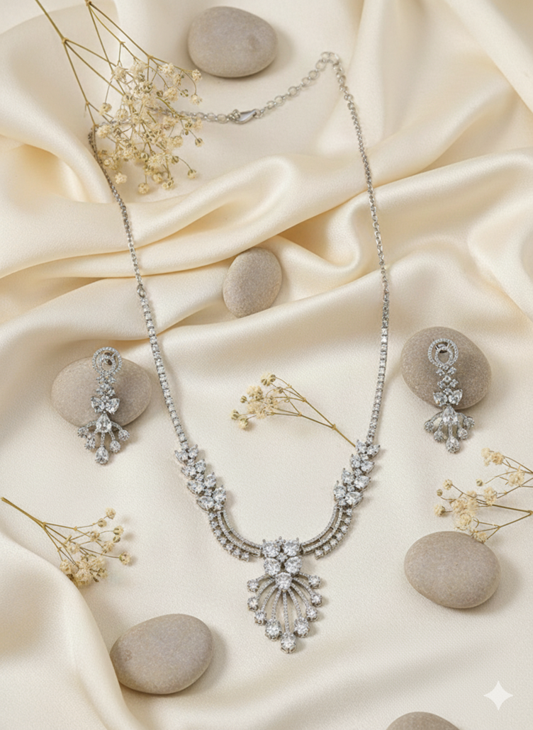 Dazzling Leaf Motif AD Stone Necklace