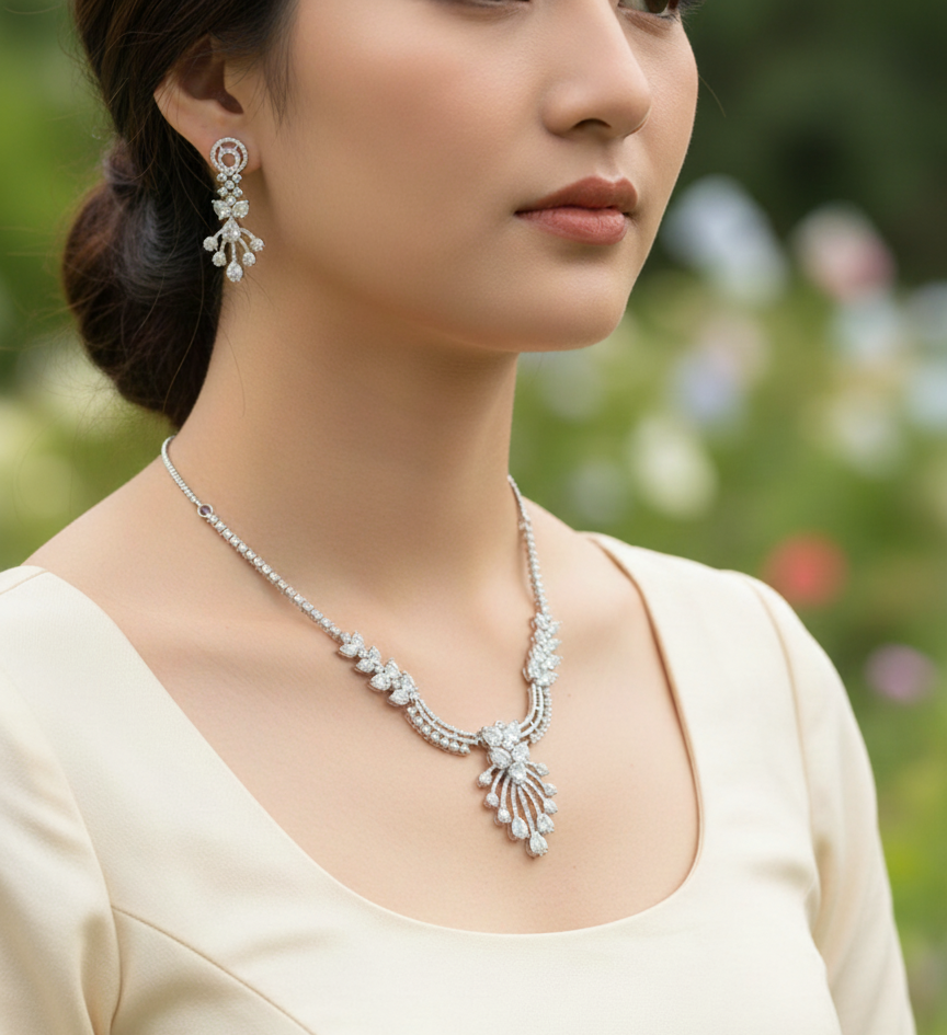 Dazzling Leaf Motif AD Stone Necklace