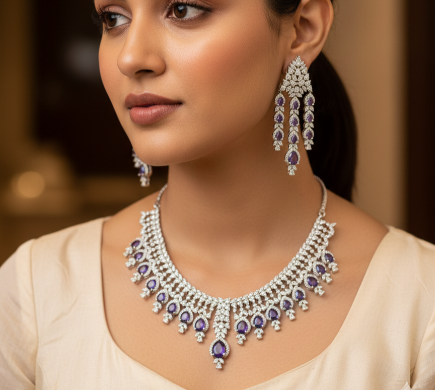 Amethyst Cascade AD Stone Necklace Set